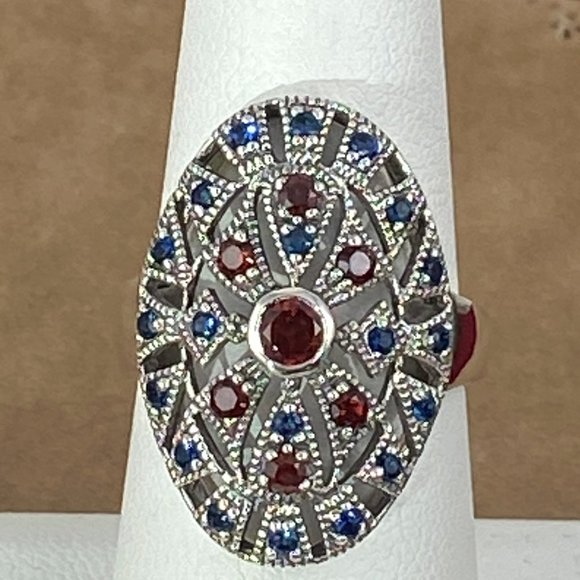 Stunning Art Nouveau Garnet and Blue Sapphire Cocktail Ring Size 7 - Picture 1 of 7